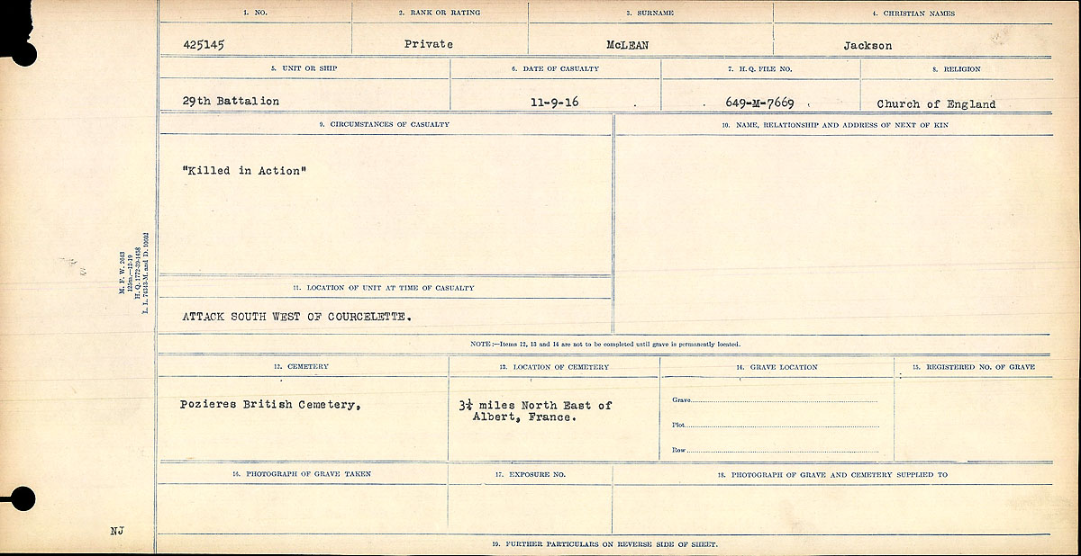 Title: Circumstances of Death Registers, First World War - Mikan Number: 46246 - Microform: 31829_B016762