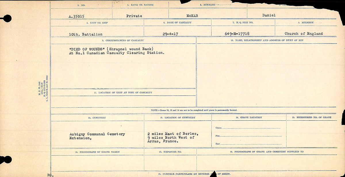 Titre : Registres de circonstances du dcs, Premire Guerre mondiale - N d'enregistrement Mikan : 46246 - Microforme : 31829_B016763