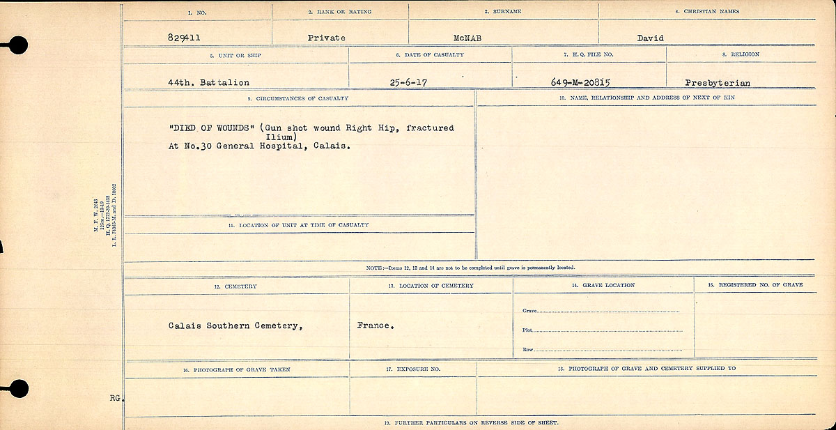 Title: Circumstances of Death Registers, First World War - Mikan Number: 46246 - Microform: 31829_B016763