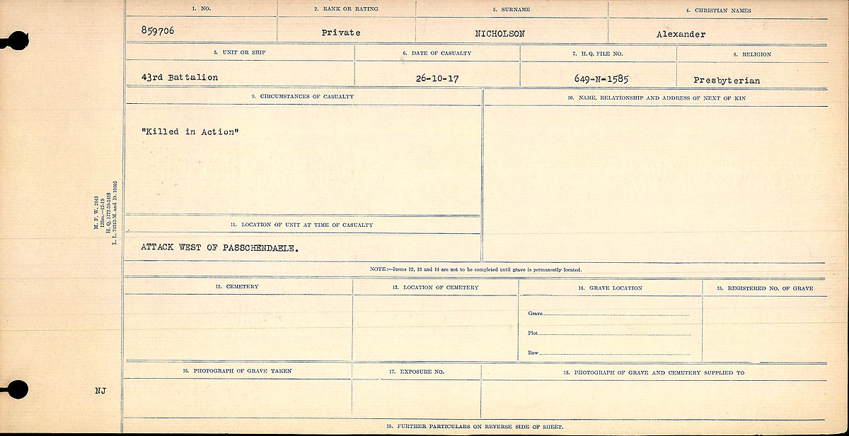 Titre : Registres de circonstances du dcs, Premire Guerre mondiale - N d'enregistrement Mikan : 46246 - Microforme : 31829_B016765