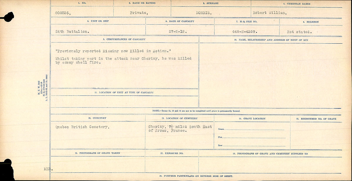 Title: Circumstances of Death Registers, First World War - Mikan Number: 46246 - Microform: 31829_B016765