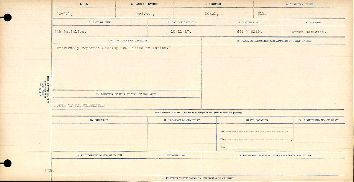 Title: Circumstances of Death Registers, First World War - Mikan Number: 46246 - Microform: 31829_B016765