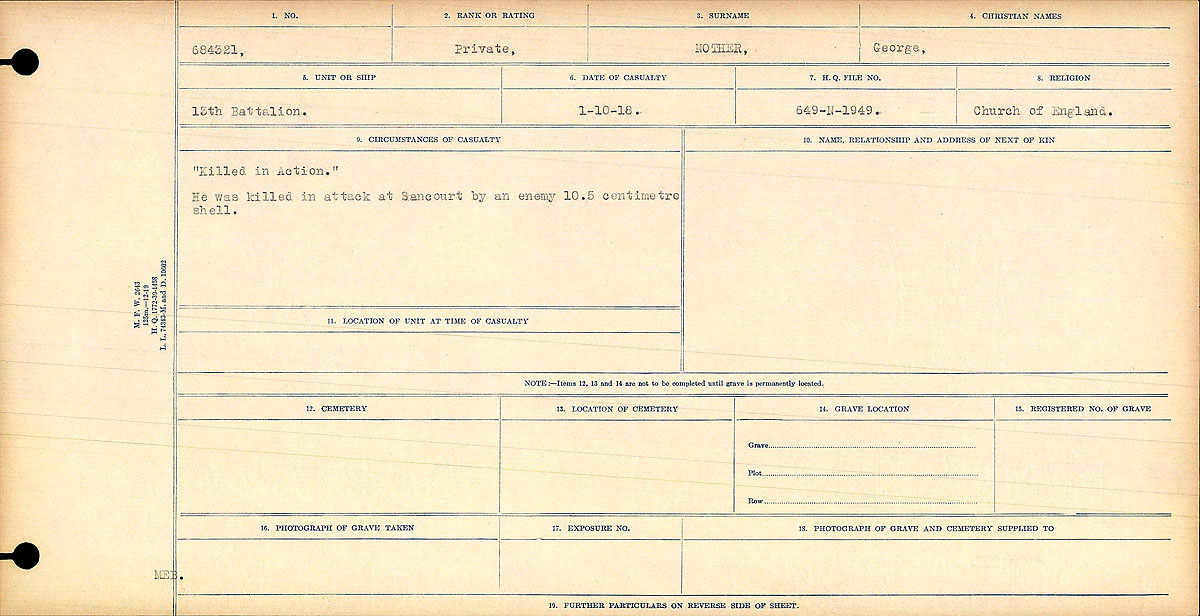 Title: Circumstances of Death Registers, First World War - Mikan Number: 46246 - Microform: 31829_B016765