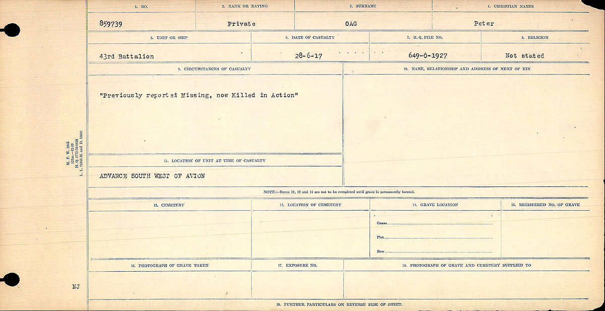 Titre : Registres de circonstances du dcs, Premire Guerre mondiale - N d'enregistrement Mikan : 46246 - Microforme : 31829_B016766