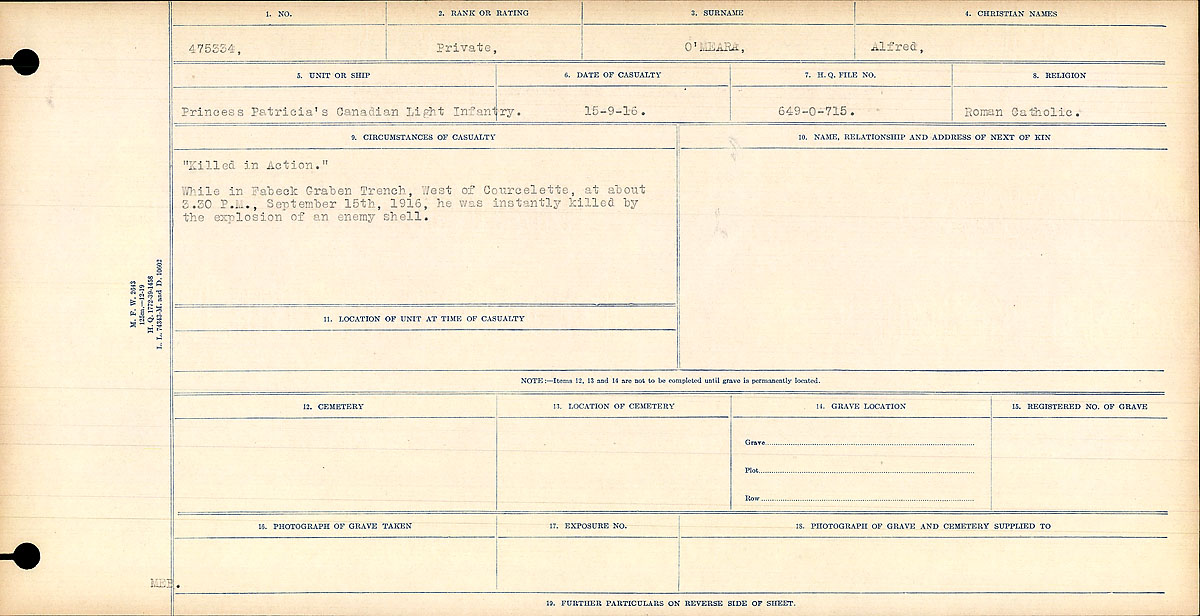 Title: Circumstances of Death Registers, First World War - Mikan Number: 46246 - Microform: 31829_B016766