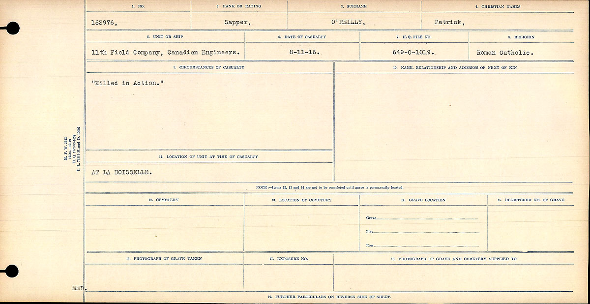 Title: Circumstances of Death Registers, First World War - Mikan Number: 46246 - Microform: 31829_B016766