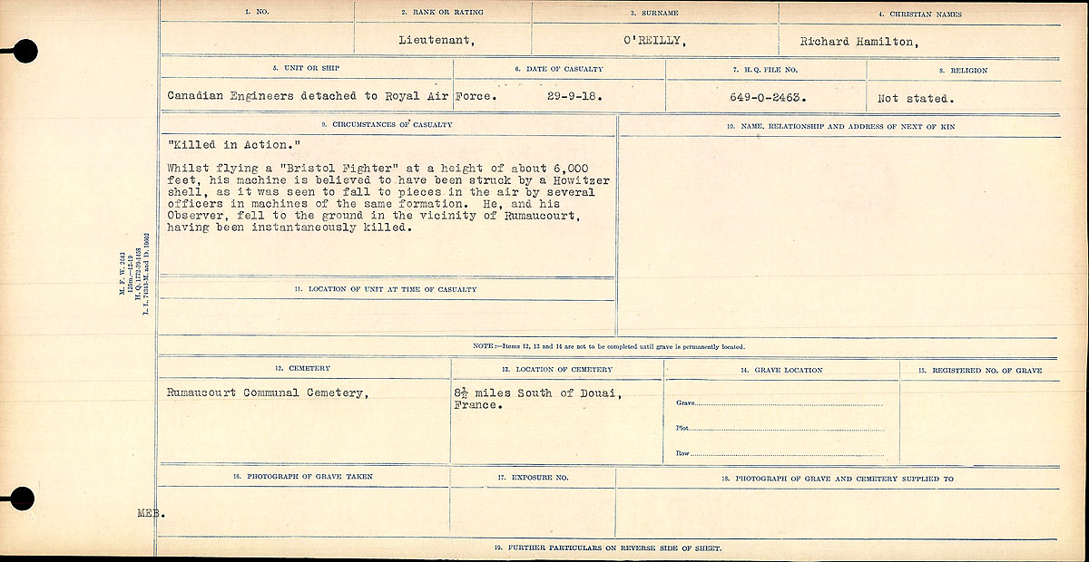 Title: Circumstances of Death Registers, First World War - Mikan Number: 46246 - Microform: 31829_B016766