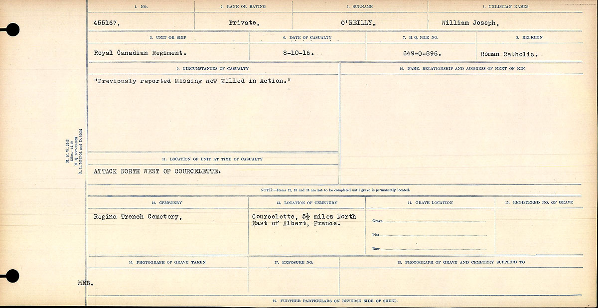 Title: Circumstances of Death Registers, First World War - Mikan Number: 46246 - Microform: 31829_B016766