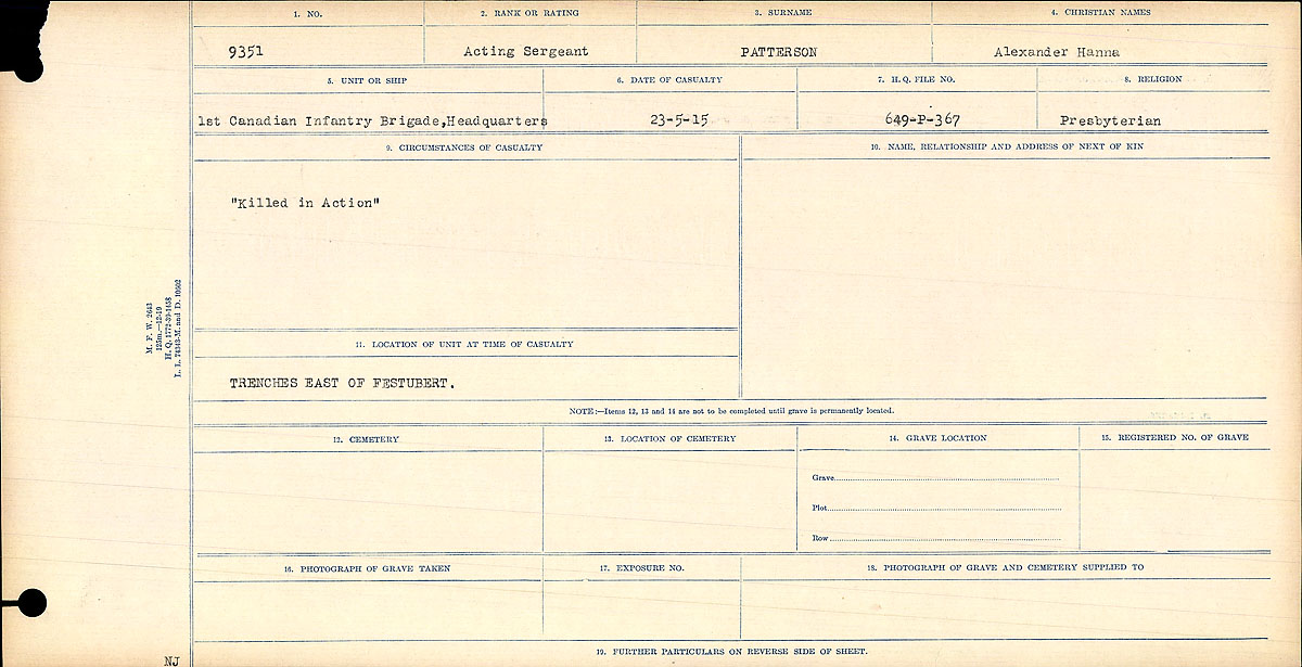 Titre : Registres de circonstances du dcs, Premire Guerre mondiale - N d'enregistrement Mikan : 46246 - Microforme : 31829_B016767