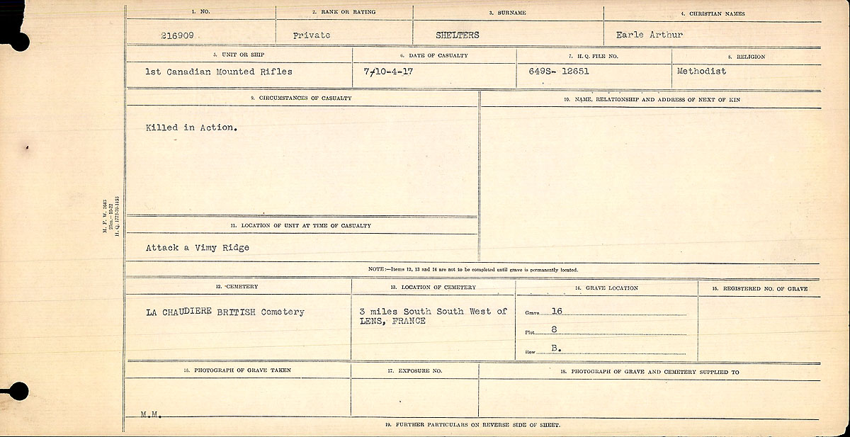 Title: Circumstances of Death Registers, First World War - Mikan Number: 46246 - Microform: 31829_B016770