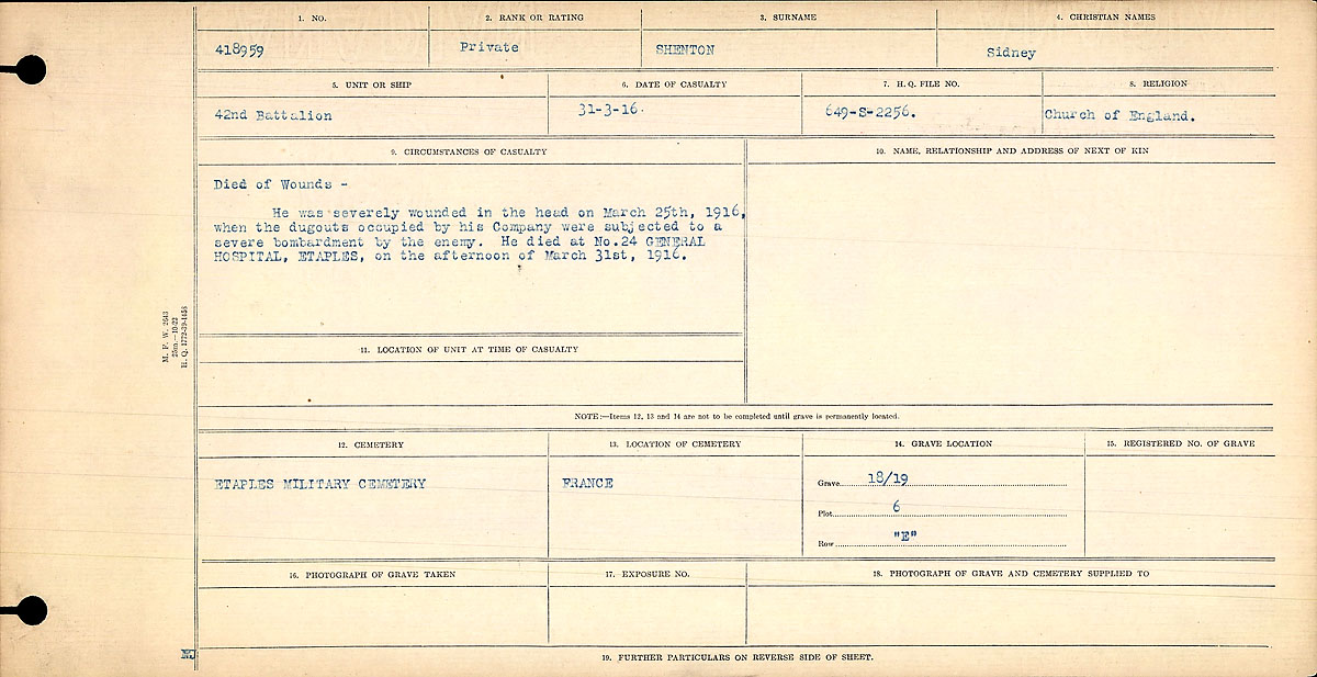 Title: Circumstances of Death Registers, First World War - Mikan Number: 46246 - Microform: 31829_B016770