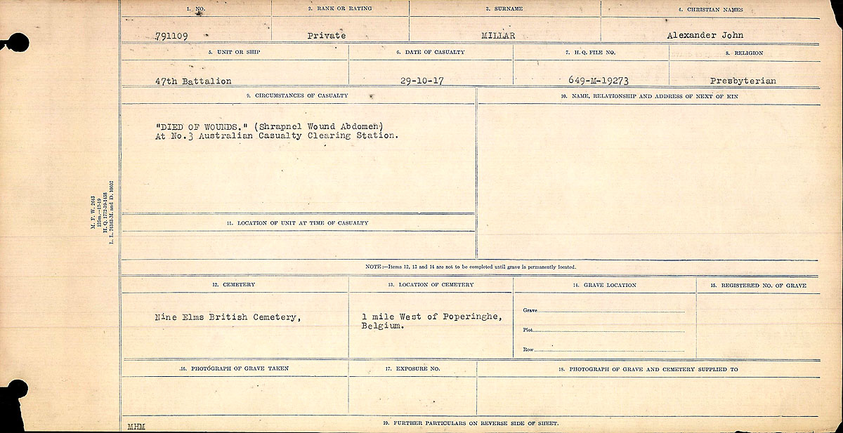 Titre : Registres de circonstances du dcs, Premire Guerre mondiale - N d'enregistrement Mikan : 46246 - Microforme : 31829_B016771