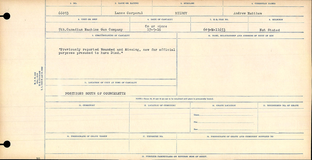 Title: Circumstances of Death Registers, First World War - Mikan Number: 46246 - Microform: 31829_B016771