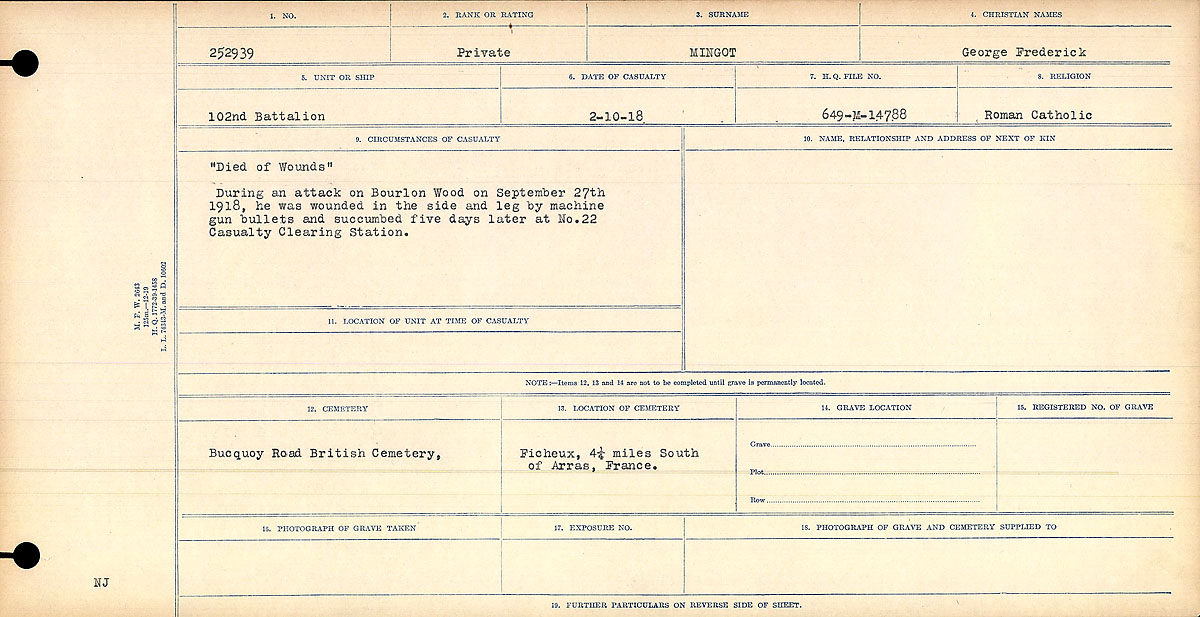 Title: Circumstances of Death Registers, First World War - Mikan Number: 46246 - Microform: 31829_B016771