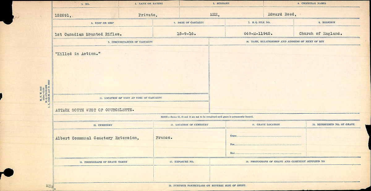 Titre : Registres de circonstances du dcs, Premire Guerre mondiale - N d'enregistrement Mikan : 46246 - Microforme : 31829_B016772