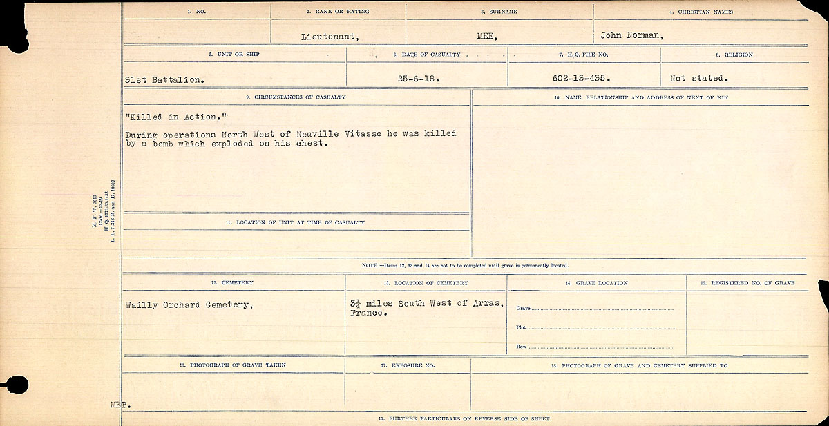 Title: Circumstances of Death Registers, First World War - Mikan Number: 46246 - Microform: 31829_B016772