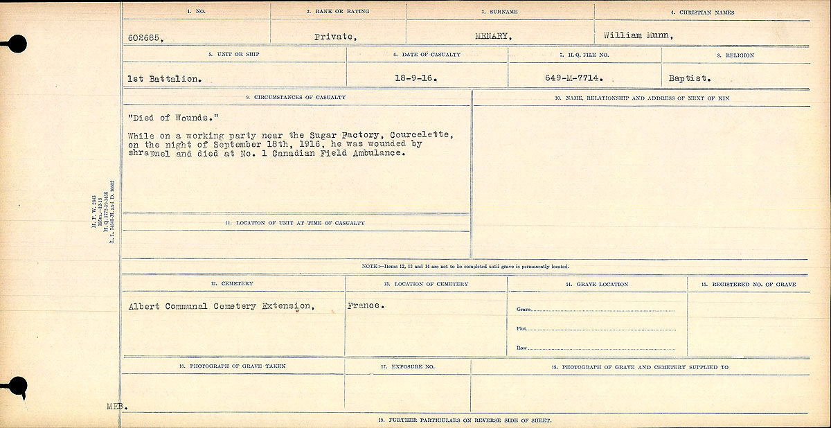 Title: Circumstances of Death Registers, First World War - Mikan Number: 46246 - Microform: 31829_B016772