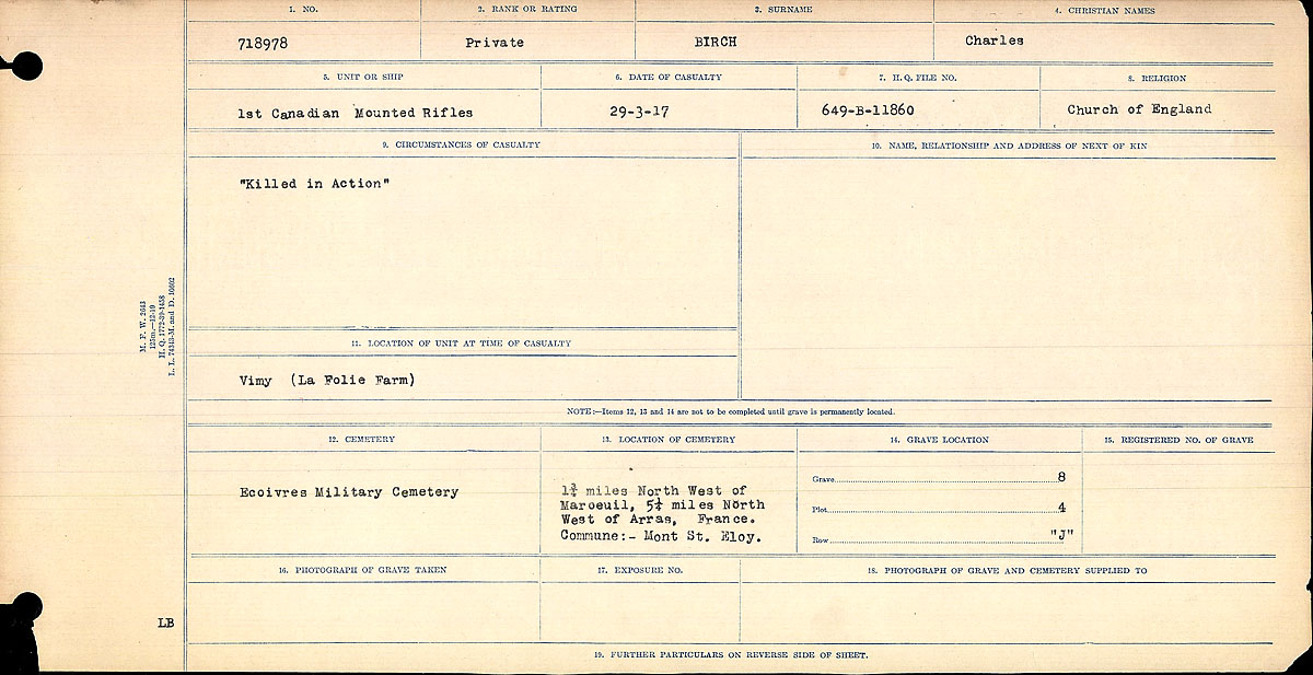 Titre : Registres de circonstances du dcs, Premire Guerre mondiale - N d'enregistrement Mikan : 46246 - Microforme : 31829_B034746