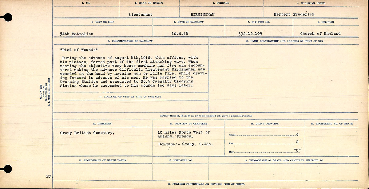 Title: Circumstances of Death Registers, First World War - Mikan Number: 46246 - Microform: 31829_B034746