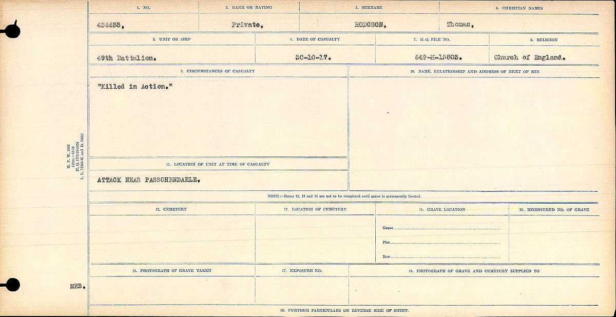 Title: Circumstances of Death Registers, First World War - Mikan Number: 46246 - Microform: 31829_B034748