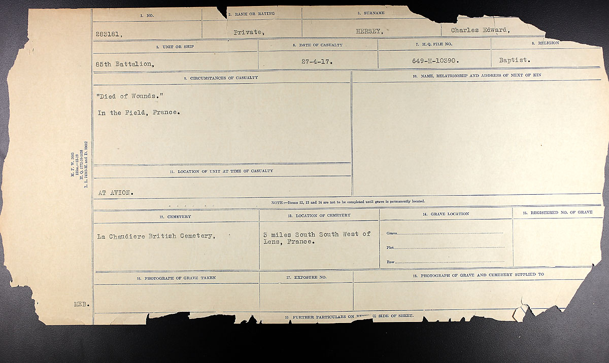 Titre : Registres de circonstances du dcs, Premire Guerre mondiale - N d'enregistrement Mikan : 46246 - Microforme : 31829_B034748