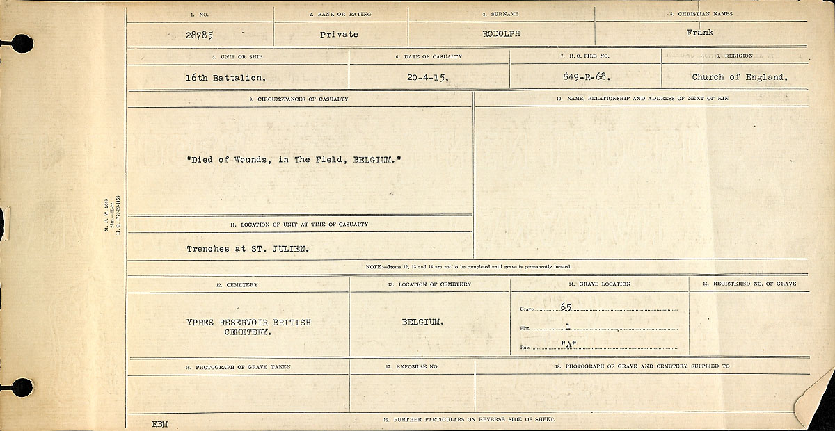 Titre : Registres de circonstances du dcs, Premire Guerre mondiale - N d'enregistrement Mikan : 46246 - Microforme : 31829_B034749