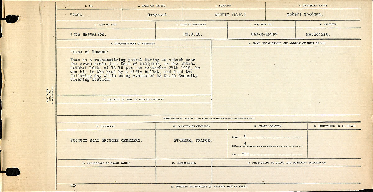 Title: Circumstances of Death Registers, First World War - Mikan Number: 46246 - Microform: 31829_B034749
