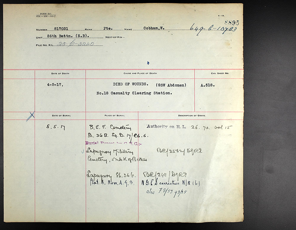 Titre : Registres de spultures de guerre du Commonwealth, Premire Guerre mondiale - N d'enregistrement Mikan : 46246 - Microforme : 31830_B016594