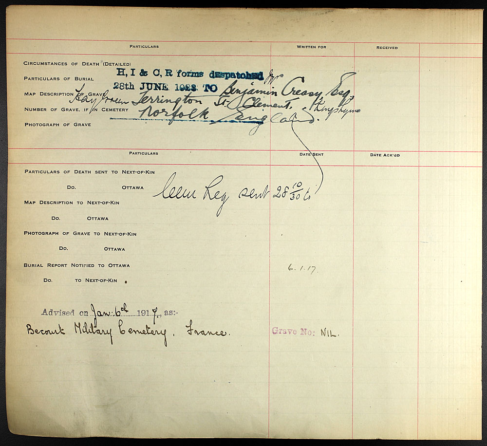 Title: Commonwealth War Graves Registers, First World War - Mikan Number: 46246 - Microform: 31830_B016595