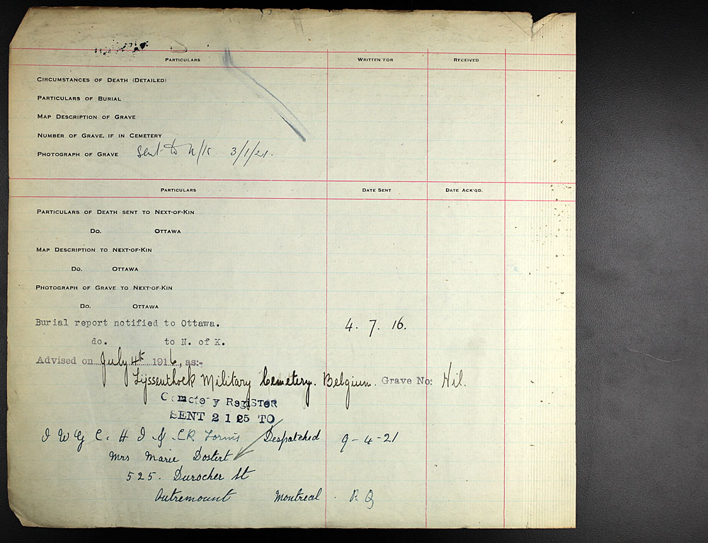 Titre : Registres de spultures de guerre du Commonwealth, Premire Guerre mondiale - N d'enregistrement Mikan : 46246 - Microforme : 31830_B016599