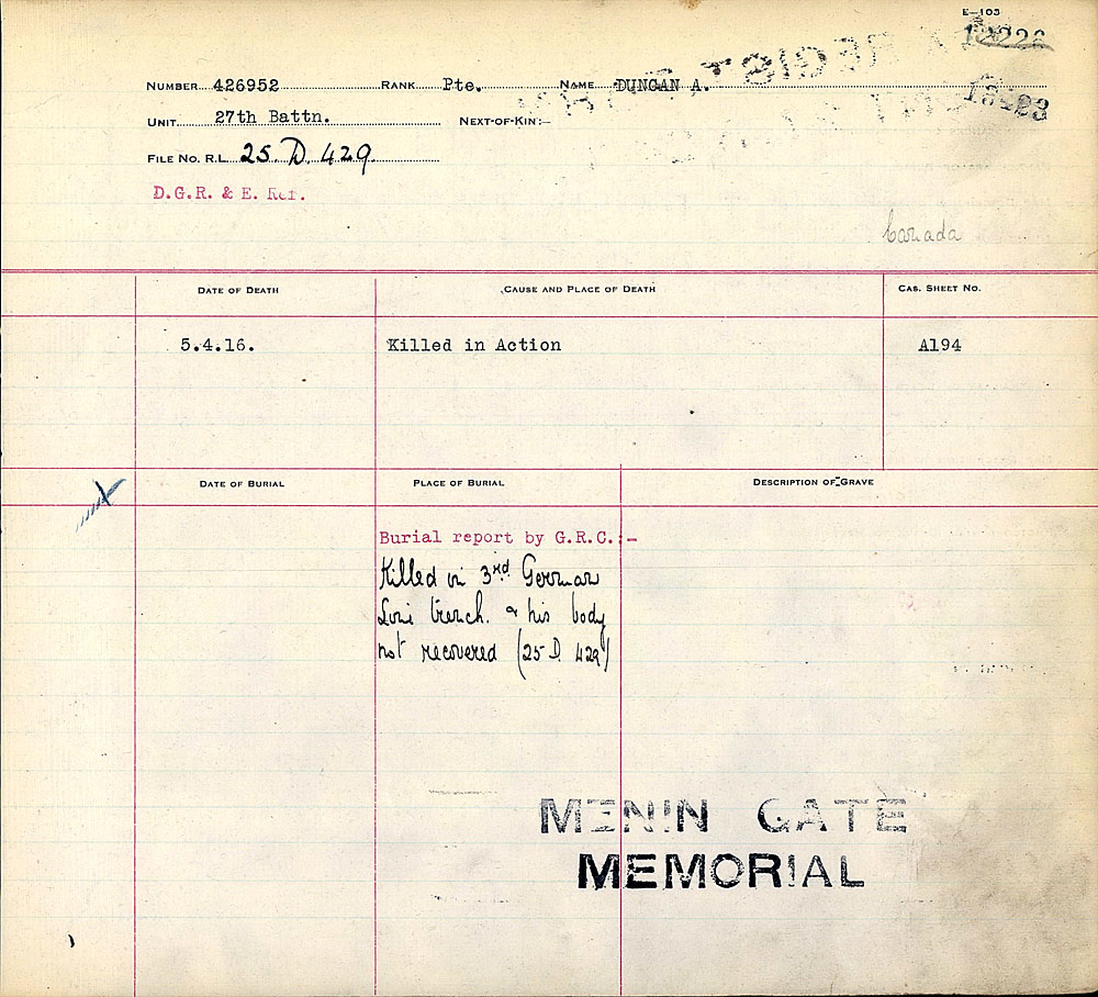 Titre : Registres de spultures de guerre du Commonwealth, Premire Guerre mondiale - N d'enregistrement Mikan : 46246 - Microforme : 31830_B016602