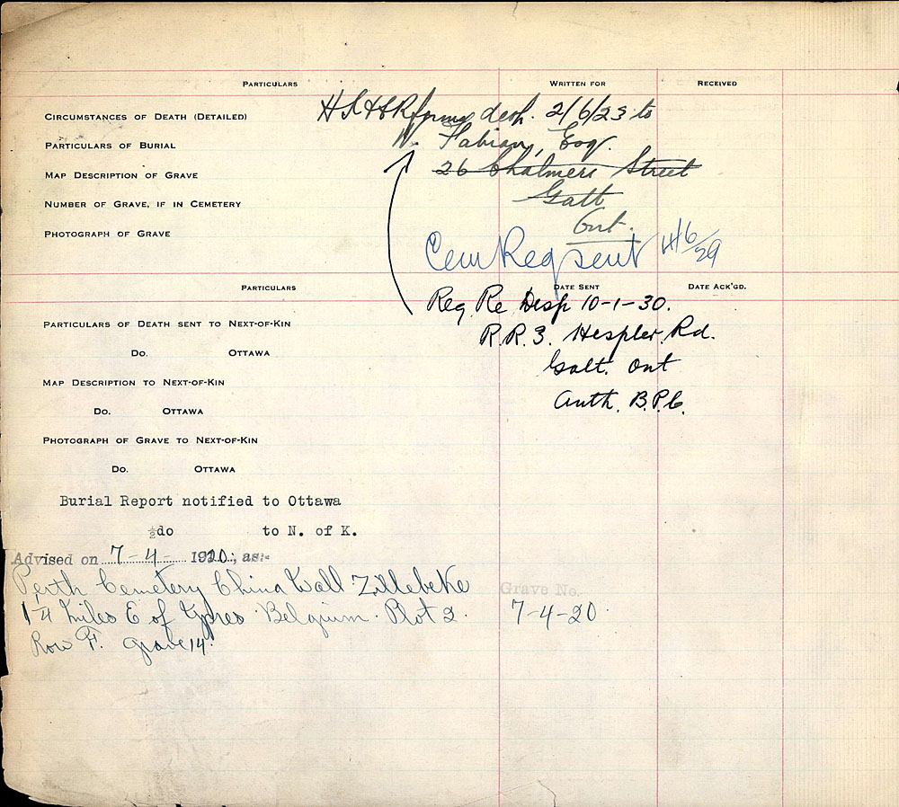 Title: Commonwealth War Graves Registers, First World War - Mikan Number: 46246 - Microform: 31830_B016606
