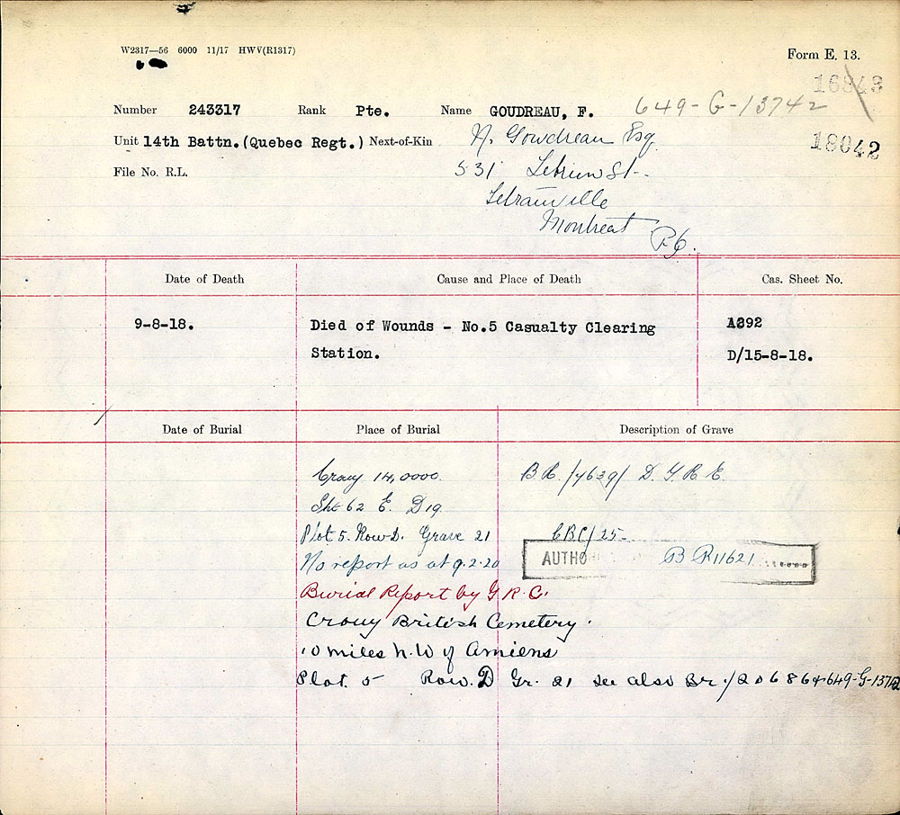 Title: Commonwealth War Graves Registers, First World War - Mikan Number: 46246 - Microform: 31830_B016607