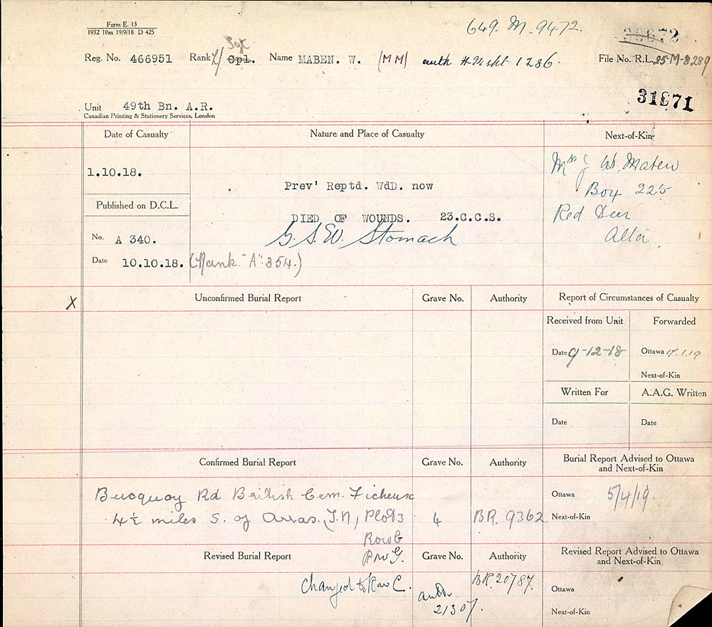 Title: Commonwealth War Graves Registers, First World War - Mikan Number: 46246 - Microform: 31830_B016612