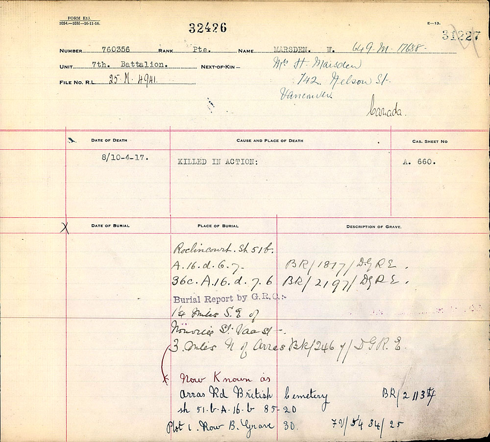 Titre : Registres de spultures de guerre du Commonwealth, Premire Guerre mondiale - N d'enregistrement Mikan : 46246 - Microforme : 31830_B016612