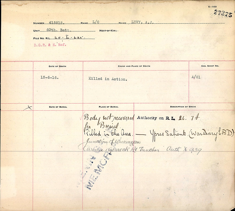 Title: Commonwealth War Graves Registers, First World War - Mikan Number: 46246 - Microform: 31830_B016614