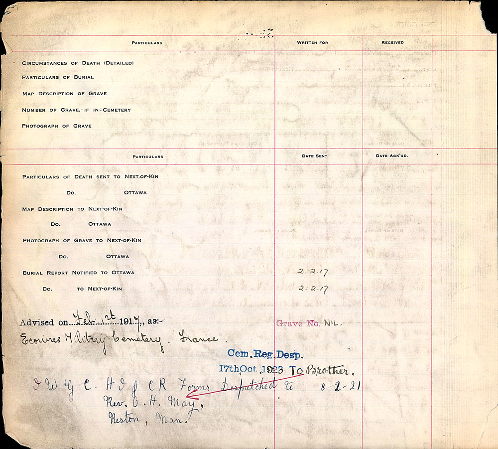 Title: Commonwealth War Graves Registers, First World War - Mikan Number: 46246 - Microform: 31830_B016617