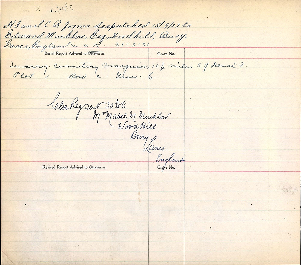 Titre : Registres de spultures de guerre du Commonwealth, Premire Guerre mondiale - N d'enregistrement Mikan : 46246 - Microforme : 31830_B016619