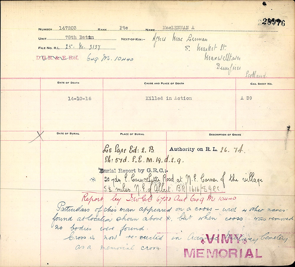 Titre : Registres de spultures de guerre du Commonwealth, Premire Guerre mondiale - N d'enregistrement Mikan : 46246 - Microforme : 31830_B016624