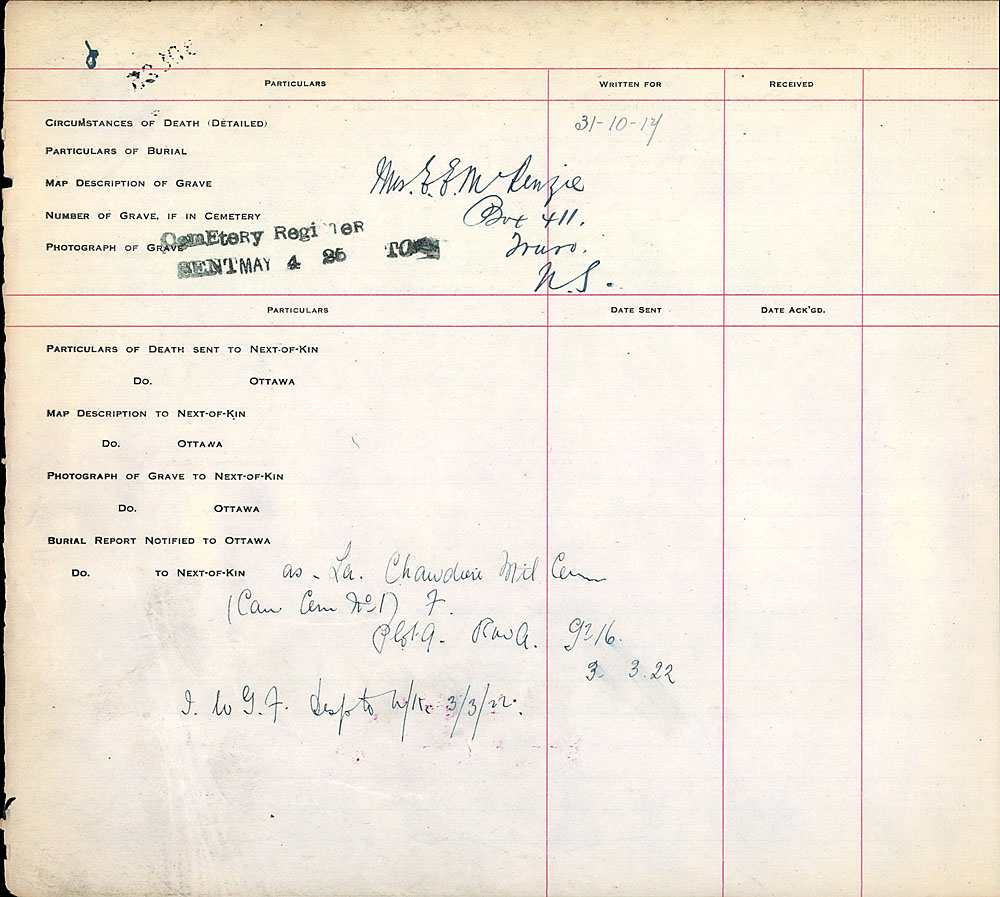 Title: Commonwealth War Graves Registers, First World War - Mikan Number: 46246 - Microform: 31830_B016626