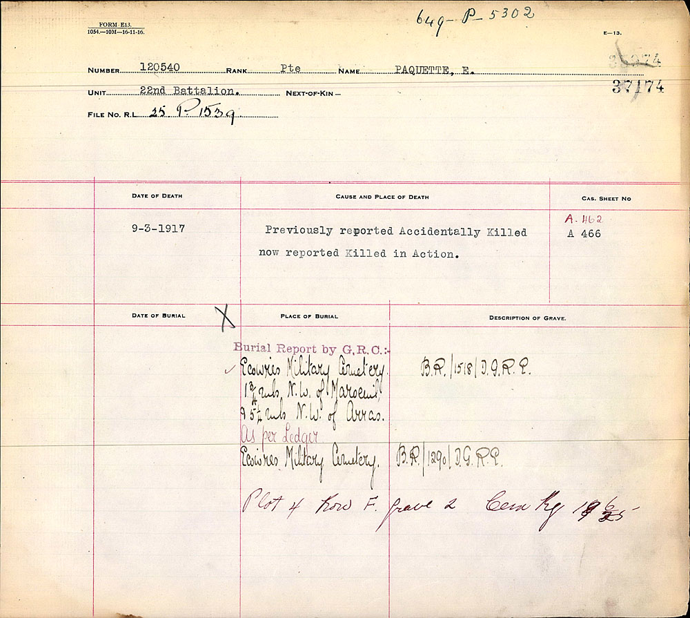 Titre : Registres de spultures de guerre du Commonwealth, Premire Guerre mondiale - N d'enregistrement Mikan : 46246 - Microforme : 31830_B016627
