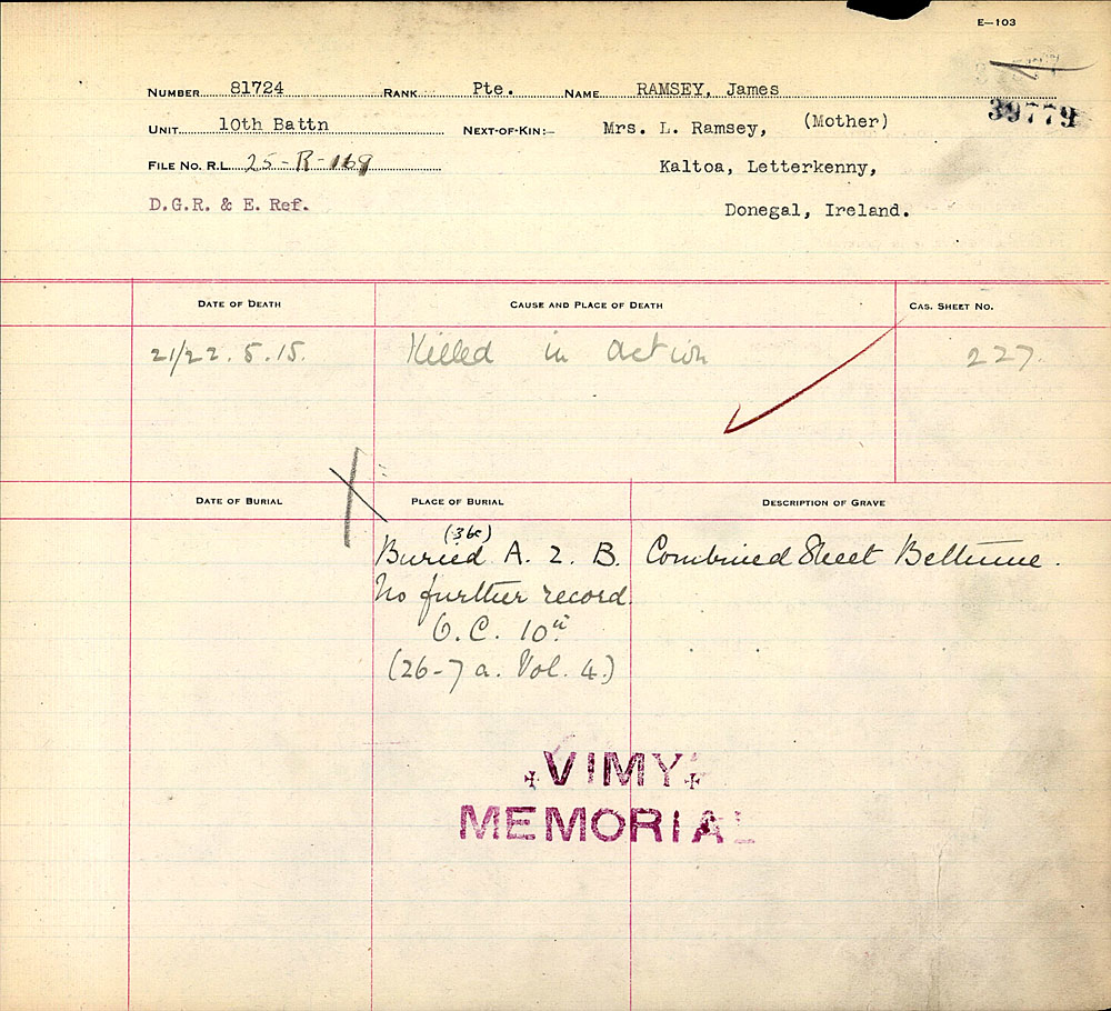 Titre : Registres de spultures de guerre du Commonwealth, Premire Guerre mondiale - N d'enregistrement Mikan : 46246 - Microforme : 31830_B016635