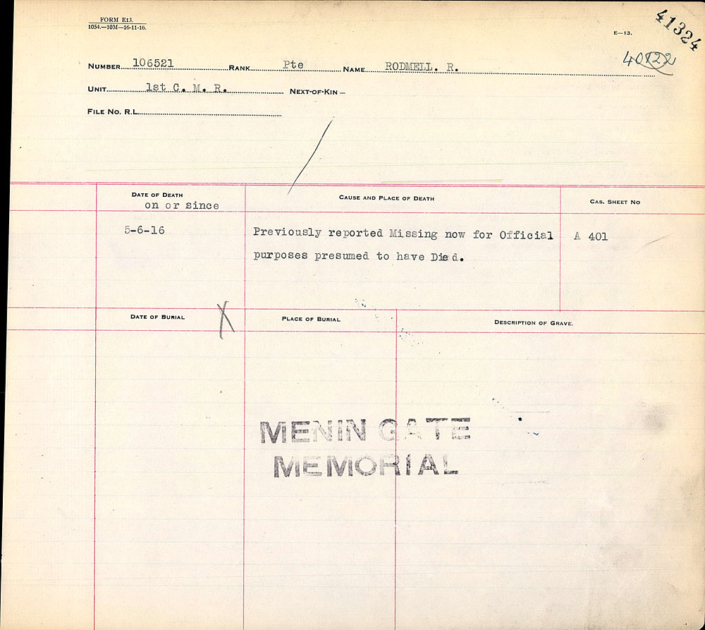 Titre : Registres de spultures de guerre du Commonwealth, Premire Guerre mondiale - N d'enregistrement Mikan : 46246 - Microforme : 31830_B016637