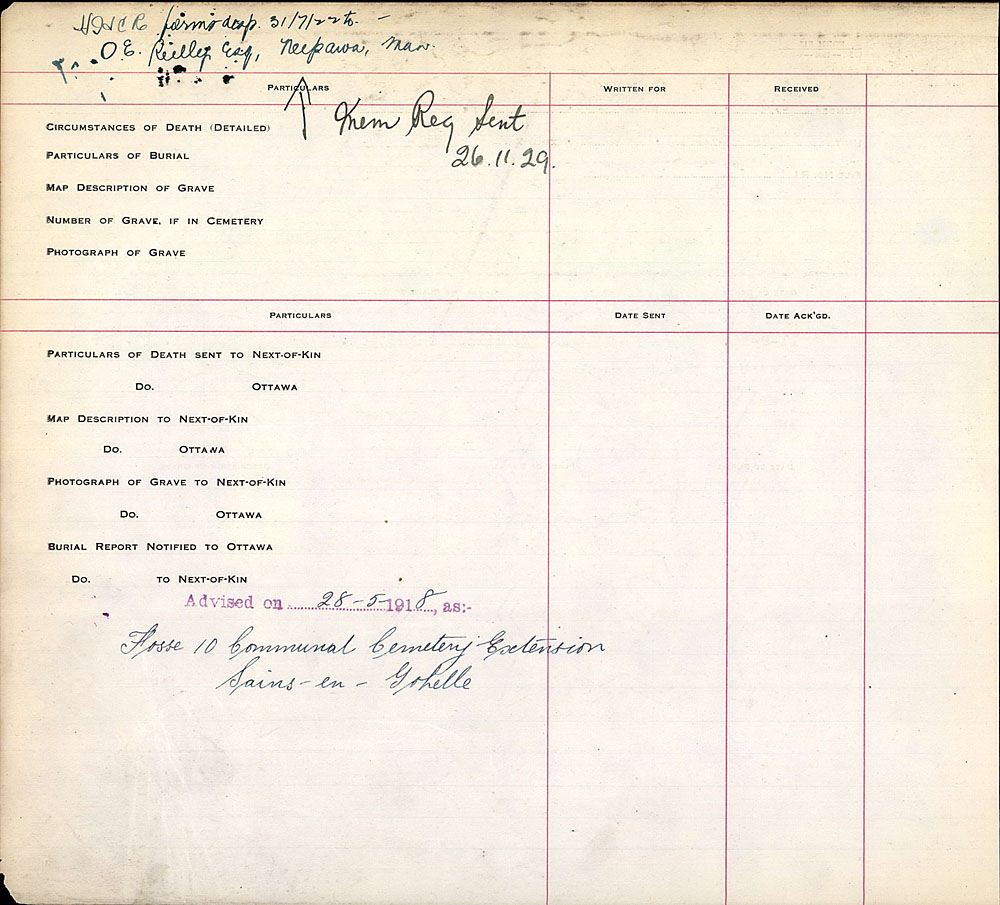 Titre : Registres de spultures de guerre du Commonwealth, Premire Guerre mondiale - N d'enregistrement Mikan : 46246 - Microforme : 31830_B016638