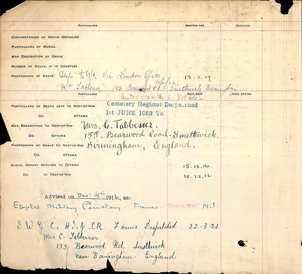 Title: Commonwealth War Graves Registers, First World War - Mikan Number: 46246 - Microform: 31830_B016645