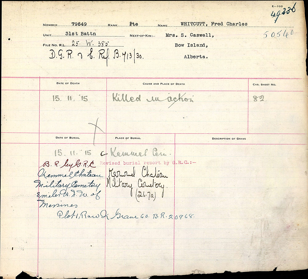 Titre : Registres de spultures de guerre du Commonwealth, Premire Guerre mondiale - N d'enregistrement Mikan : 46246 - Microforme : 31830_B016653