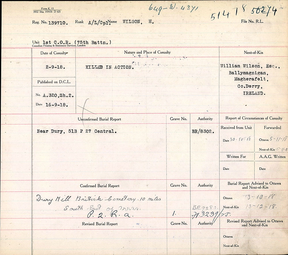 Title: Circumstances of Death Registers, First World War - Mikan Number: 46246 - Microform: 31830_B016655