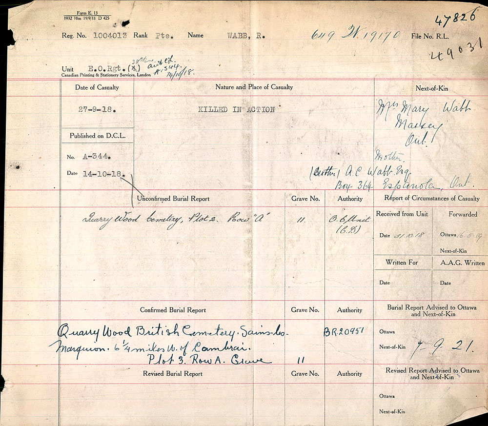 Titre : Registres de spultures de guerre du Commonwealth, Premire Guerre mondiale - N d'enregistrement Mikan : 46246 - Microforme : 31830_B016656