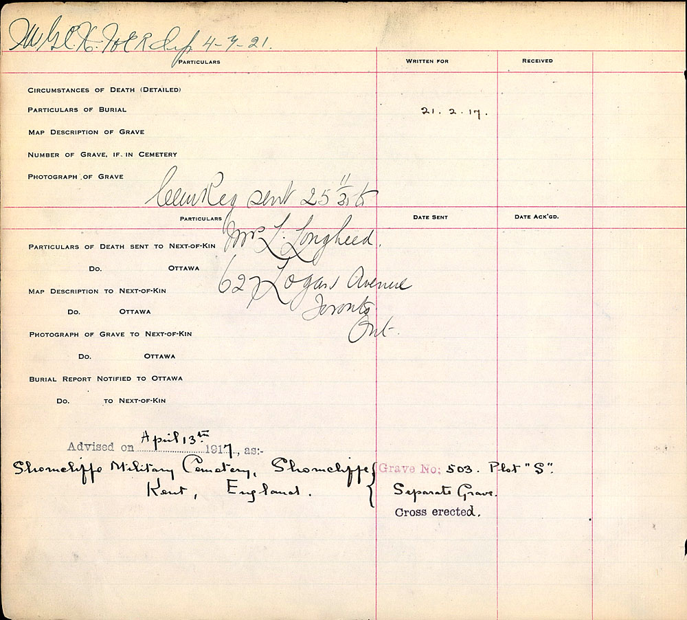 Title: Commonwealth War Graves Registers, First World War - Mikan Number: 46246 - Microform: 31830_B016657