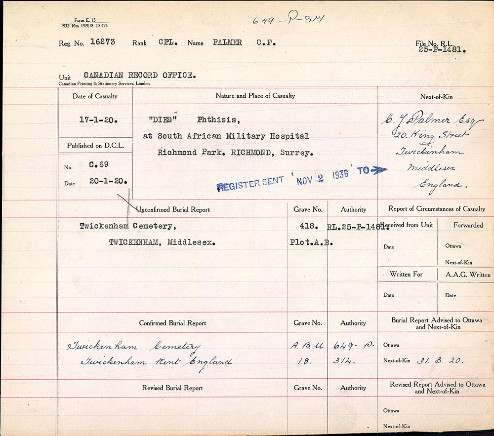 Title: Commonwealth War Graves Registers, First World War - Mikan Number: 46246 - Microform: 31830_B016659